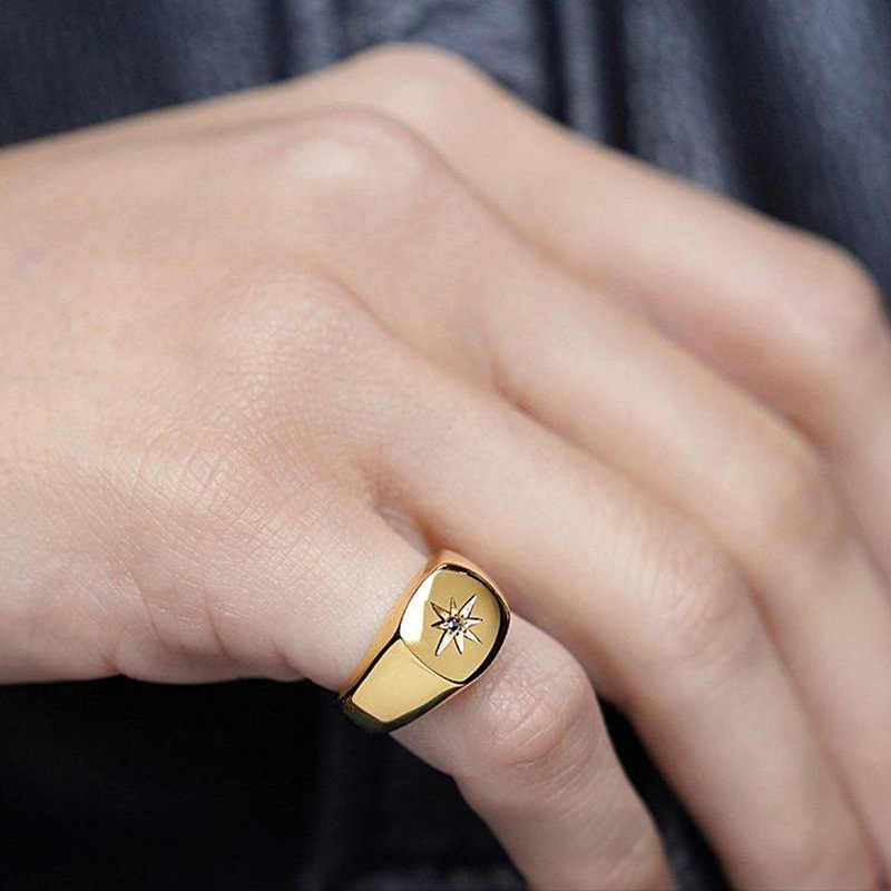 Stainless Steel Plated 18K Gold Finger Ring Women Jewelry Signet Ring North Star Ring With Single AAA Zircon Stone