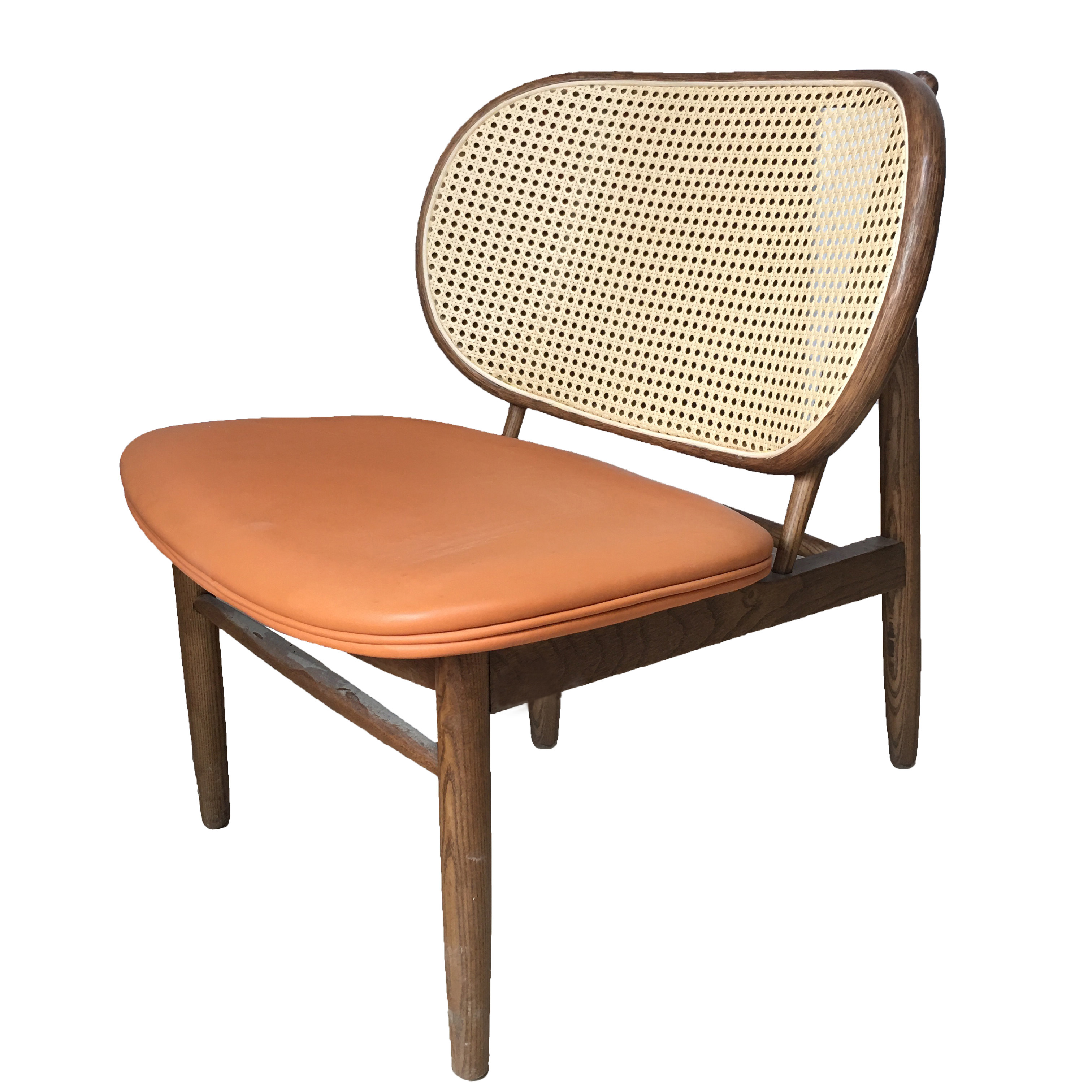 Nordic natural rattan woven solid wood frame leather upholstered lounge wicker chair