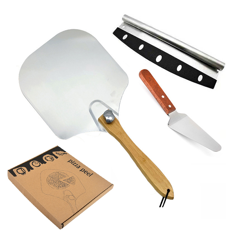 Amazon Hot Selling 3pcs Pizza Peel Shovel Set Foldable Pizza Peel Oven Accessories With Wooden Handle Cutter
