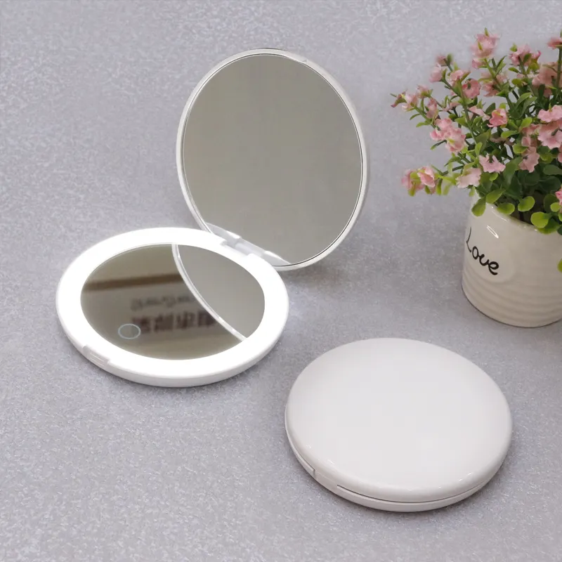 Hendal Make Up Led Handheld Pocket Mirror White Fold Compact Light Adjustable Led Light Makeup Mirror