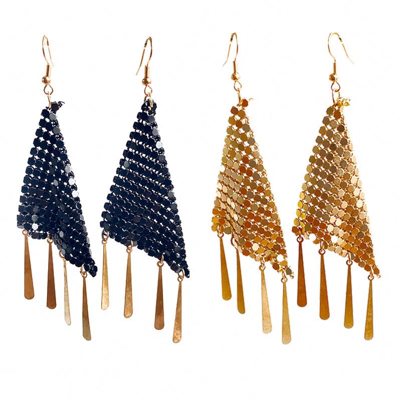 Triangle Geometry Copper Sheet Tassel Metal Mesh Aluminum Hoop Earrings Statement Carnival Shiny Nightclub Style Drop Earrings