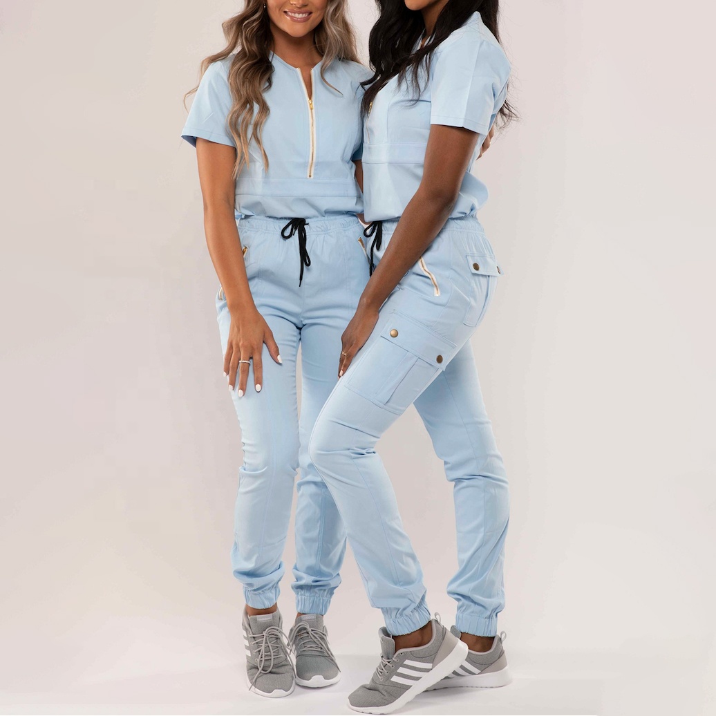 Fast delivery Medical Scrubs Uniform V neck Jogger scrub Women's Anti Wrinkle Sets with Zipper
