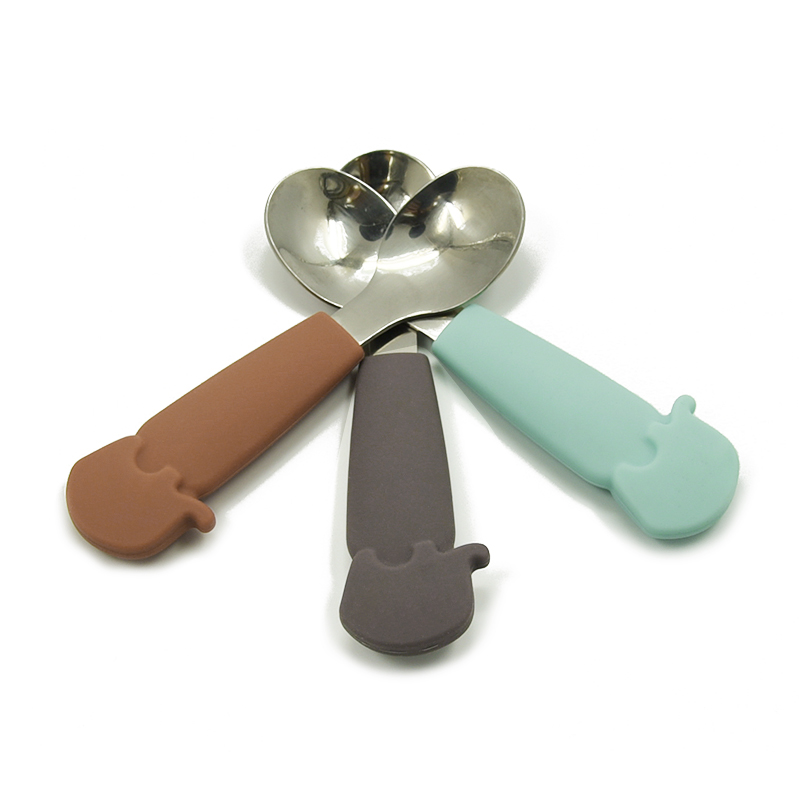New Elephant Shape High Quality Non Toxic FDA LFGB Approved Silicone Handle Stainless Steel Baby Spoon
