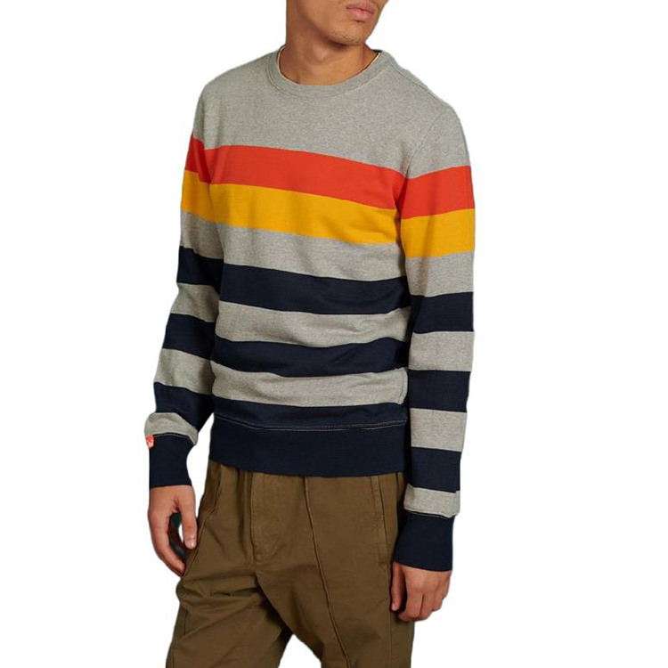 Organic Cotton Striped Pattern Design Crew Collar Sweatshirt For Men Embroidered Or Printed Logo Men's Sweatshirt