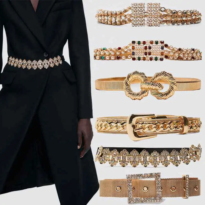 Hot Selling Fashion Women Luxury Gold Metal Leatheroid Body Waist Chain For Jewelry Jeans Belt Fashion