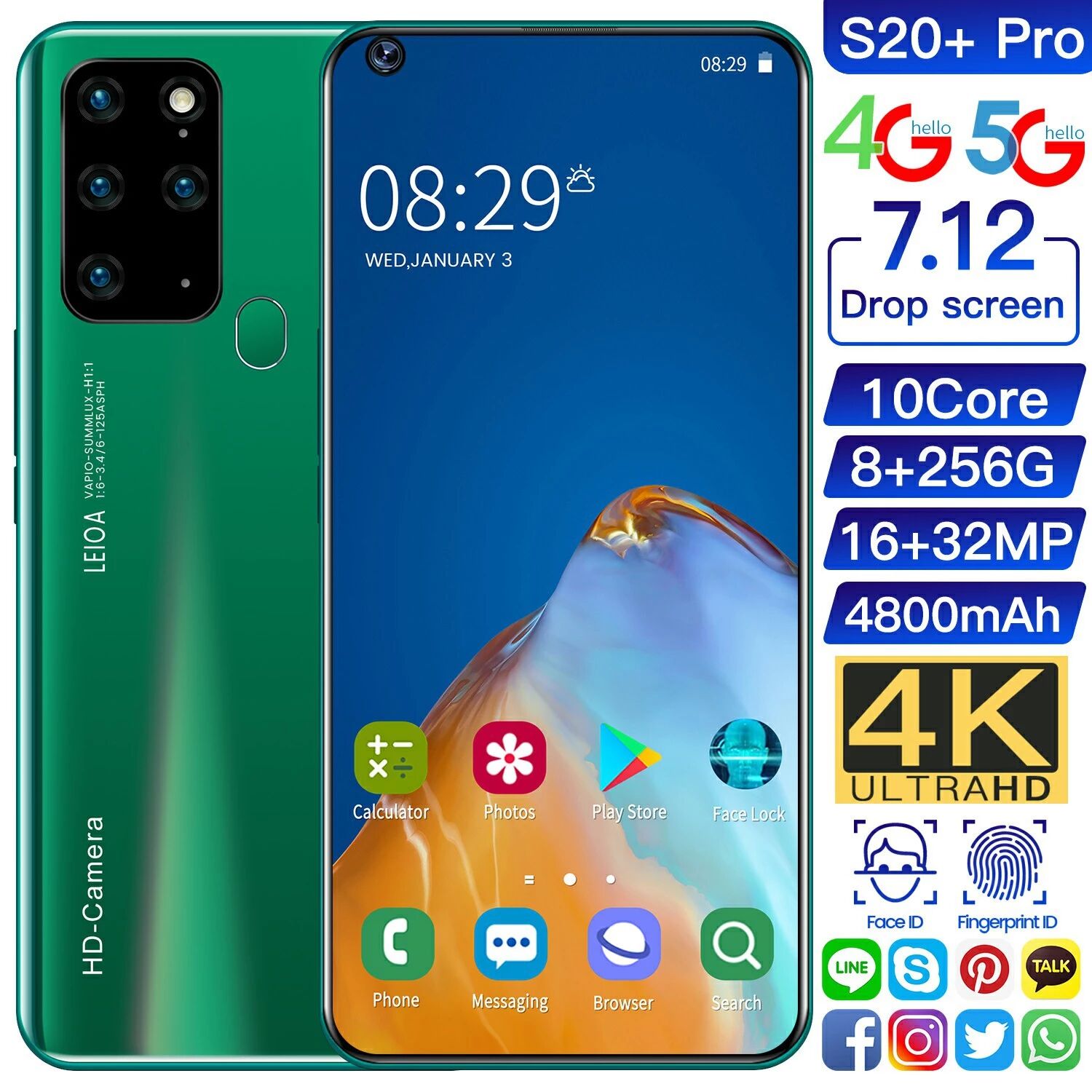 7,12 дюйма экрана падения S20 + Pro смартфон мобильный телефон 2 + 16 8 + 256G Android OS 9,0 4G мобильный телефон 2,0 + 5.0MP16 + 32MP