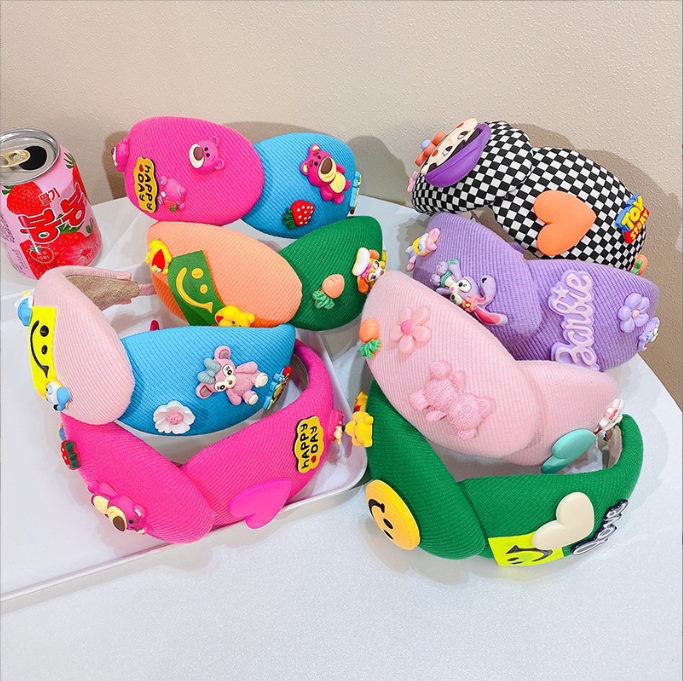 Cartoon double color block hair bands Handmade wide-brimmed hair bands Girls go out to press hair bands