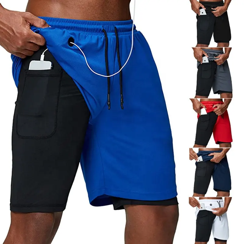 2 in 1 Gym wear Cross fit shorts Mens Gym Workout short Sports Running Shorts with inner Phone Pocket compression Gym shorts