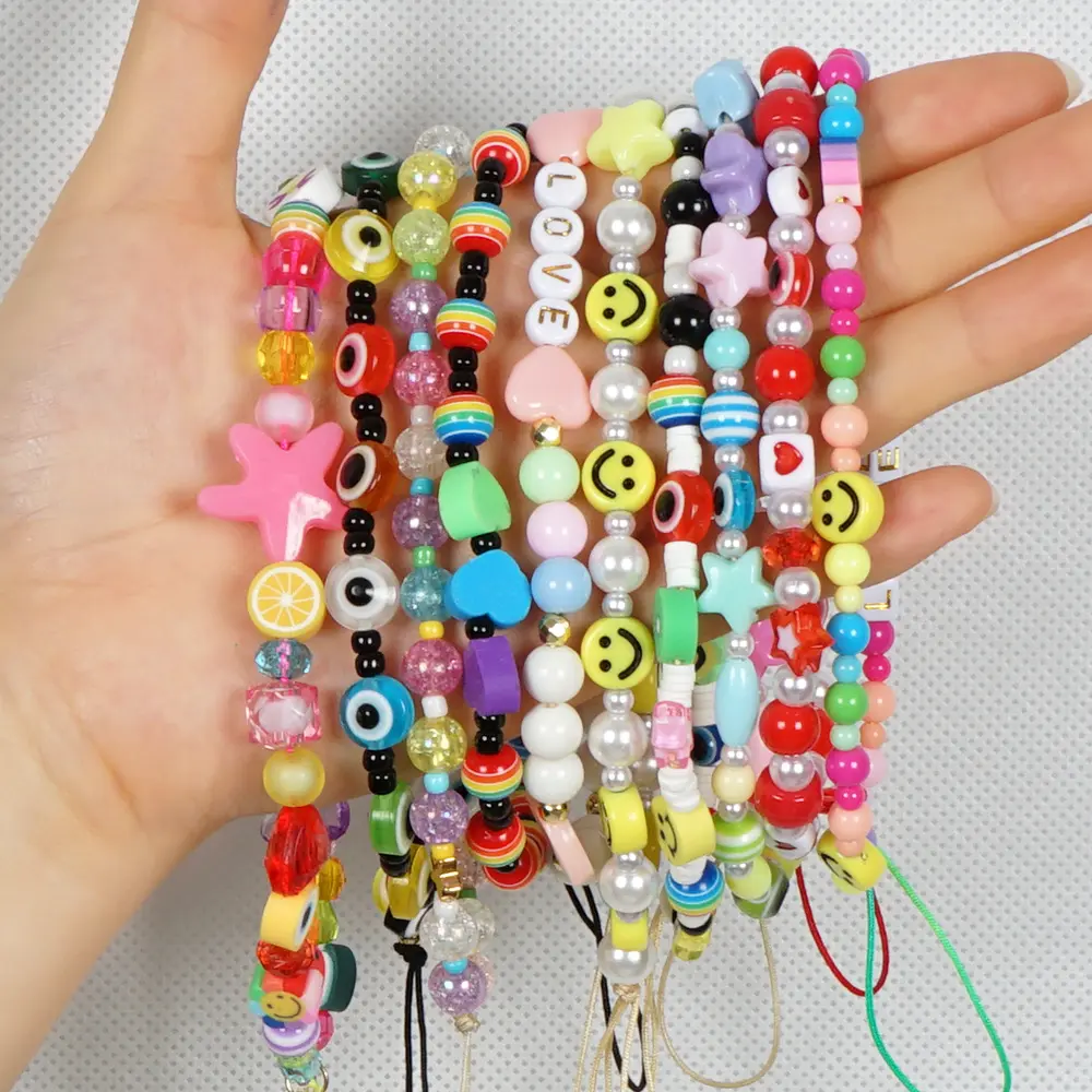 Wholsale mobile phone cases charm strap custom beads handy kette cell phone strap