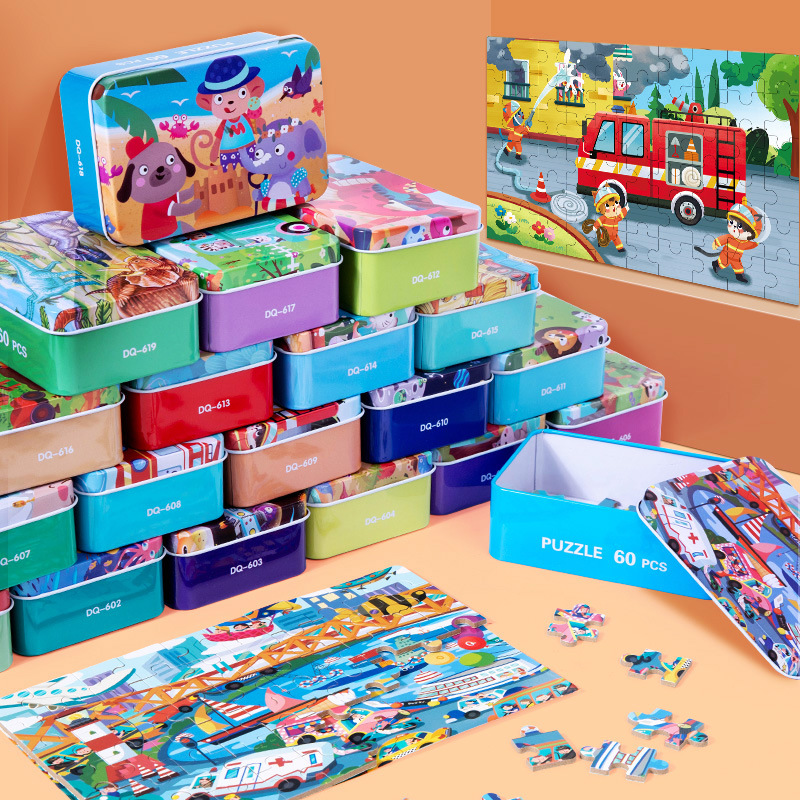 Wooden Jigsaw Puzzle Cartoon Puzzle Game Educational Learning Toy Games PVC for Children Kid Different Style 60 Pcs in 1 Box