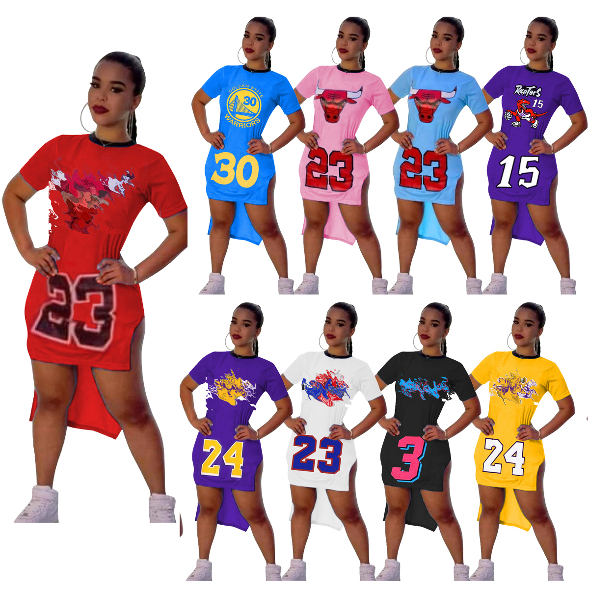 2021 New Arrival Trendy Casual Dresses Short Sleeve Sports Long Tshirt Skirt Slit NBA-Basketball Women Jersey Dress
