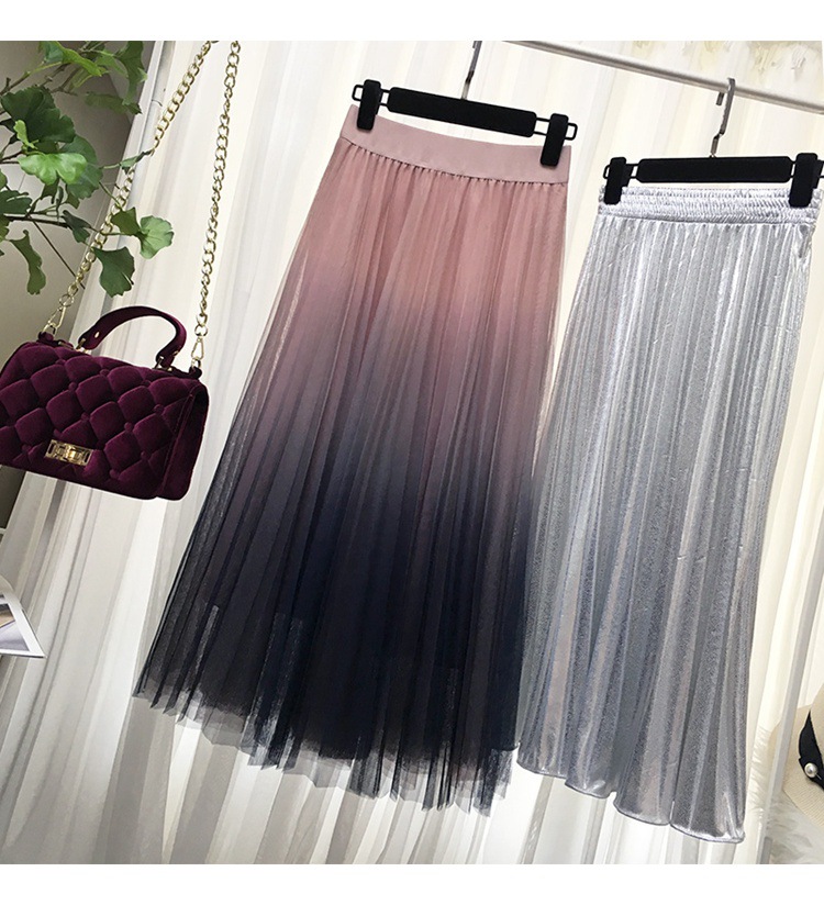 Summer New Gradient Korean Pleated Long Tulle Skirt Women Elegant High Waist A-line Skirt