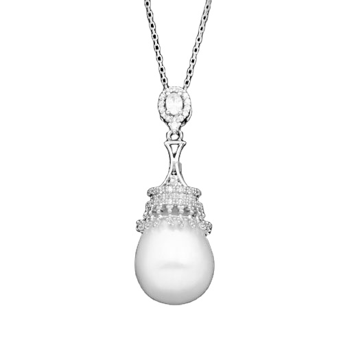 Fashion jewelry from china white gold plated AAA zircon pave brass pearl pendant necklace with earring set design for girls