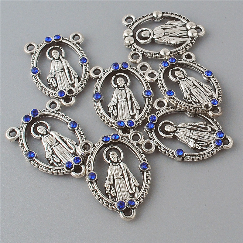 Catholic Style Design Anti-Silver Plated 18*25mm Virgin Mary Centerpiece with Blue Diamond for Rosary Making