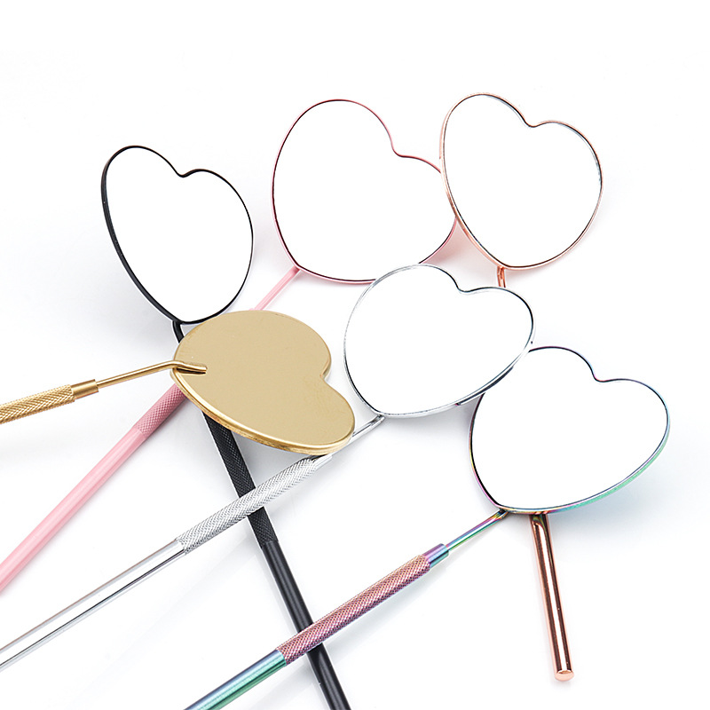 Portable Checking Eyelash Extension Heart Shape Makeup Tool Long Handle Steel Stainless Inspection Eye Lash Mirror