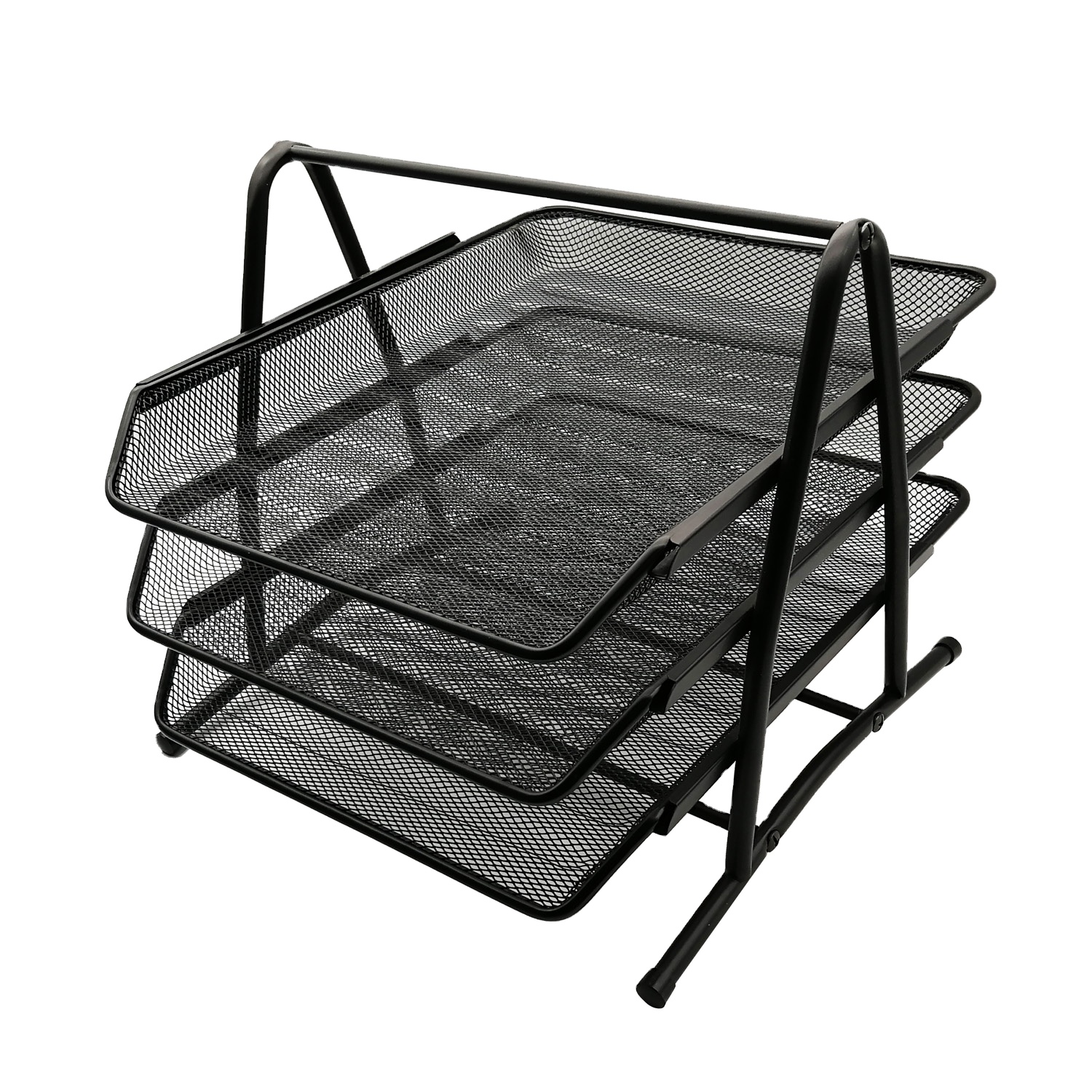 Modern design office metal wire mesh black foldable 3 layers document tray A4 paper tray metal file organizer