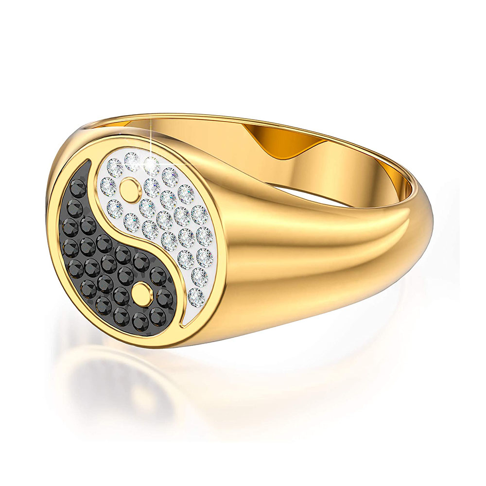 14K PVD/IP Gold Plated 3A Cubic Zirconia Bling Statement Jewelry 316L Stainless Steel Tai Chi Yin Yang Hip Hop Ring