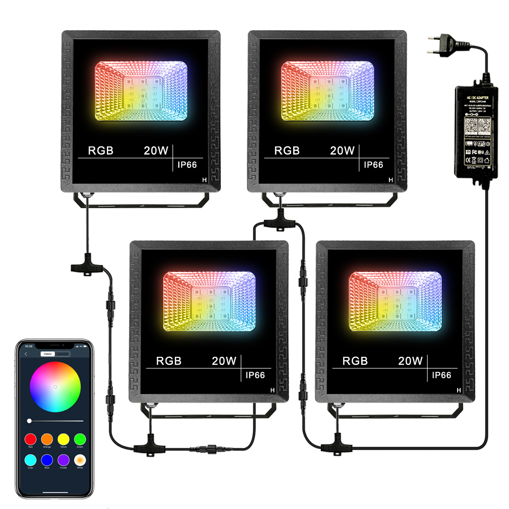 4 упаковки 20 Вт RGB Светодиодный прожектор, умное приложение управления светодиодными прожекторами, IP66 Водонепроницаемые приглушаемые наружные светодиодные огни безопасности