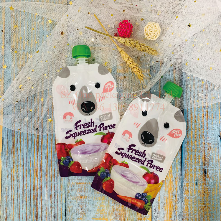 food grade leak proof BPA free 200ml double squeezable resealable spout baby food plastic packaging bag