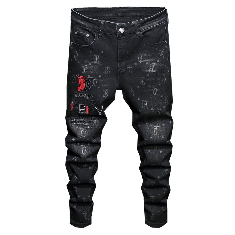 New black letter print fashion stretch tight men's denim trousers