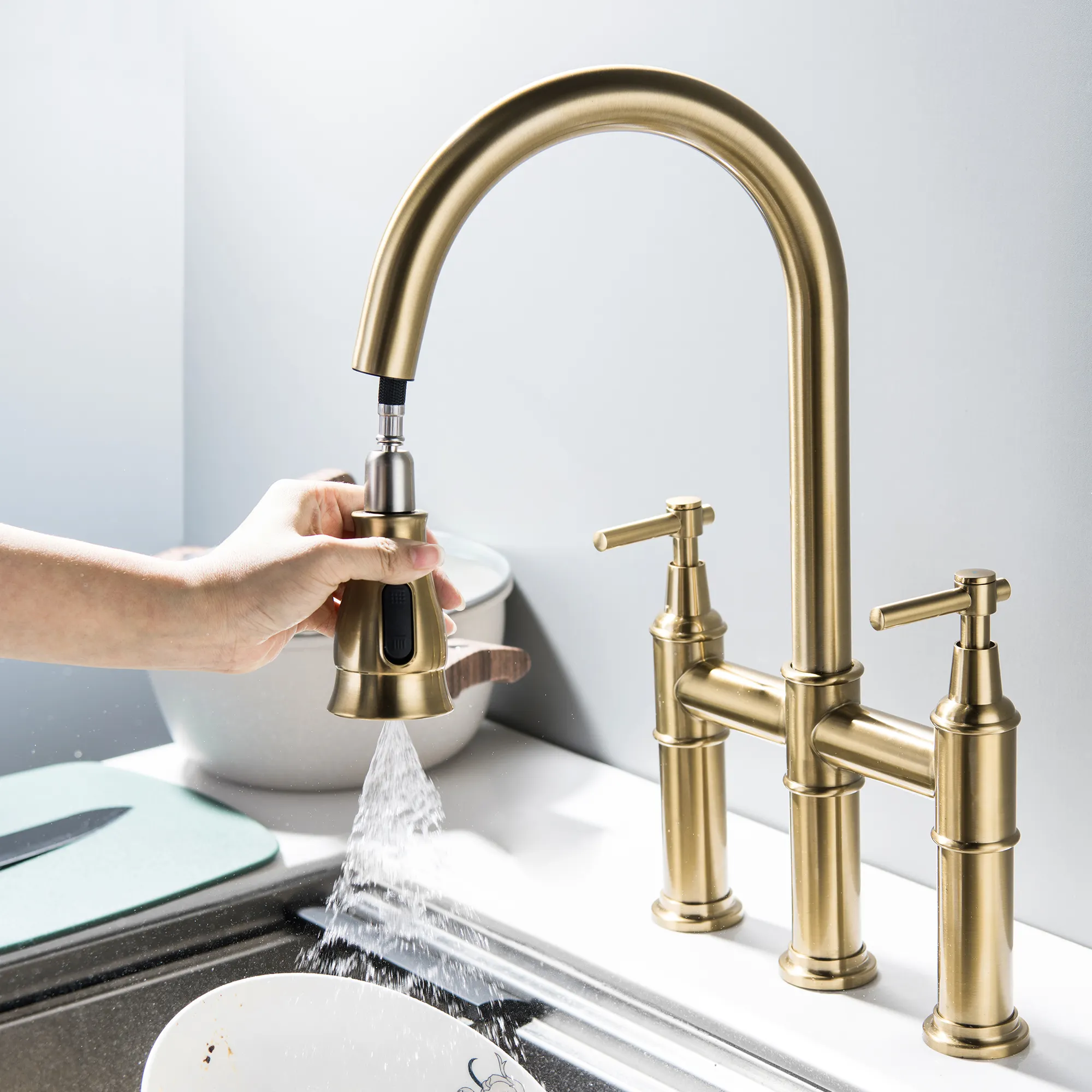 High quality brass brushed gold double handle pull out kitchen sink basin mixer faucet