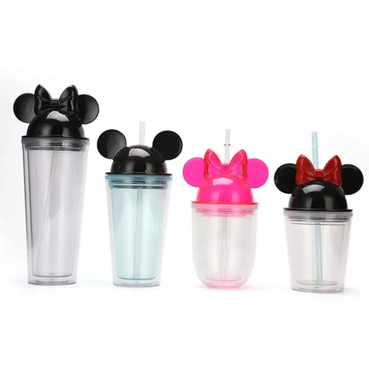 Free Shipping in USA 350ml 450 ml 650ml Cute Mickey Minnie Mouse Ear Bow Drinking Cup Double Wall Plastic Tumblers With Straw