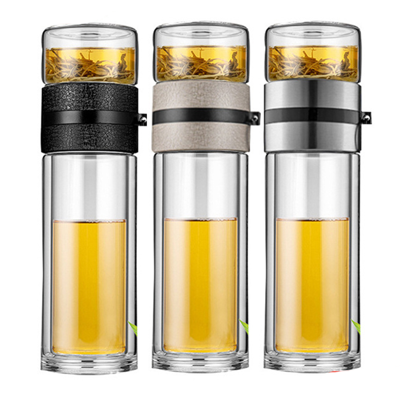 JM ROHS Custom OEM Design Double Wall Glass Tea Cup Stainless Steel Infuser Borosilicate Glass Water Bottle With Box