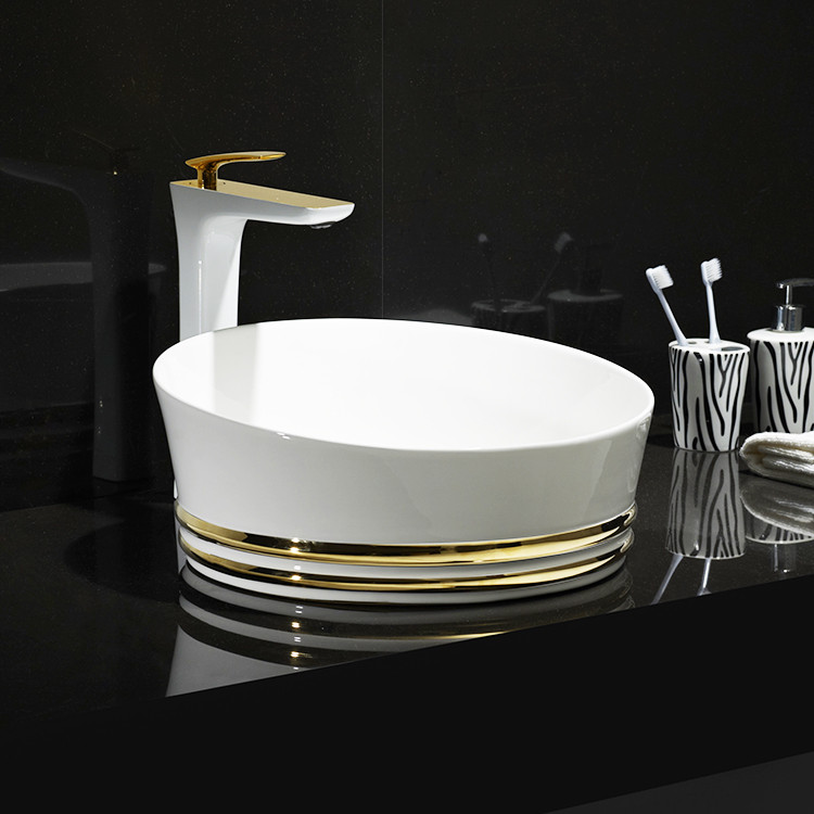 Various Size sink hotel modern luxury golden round lavatory waschbecken white and gold hand wash ceramic art basin bathroom sink