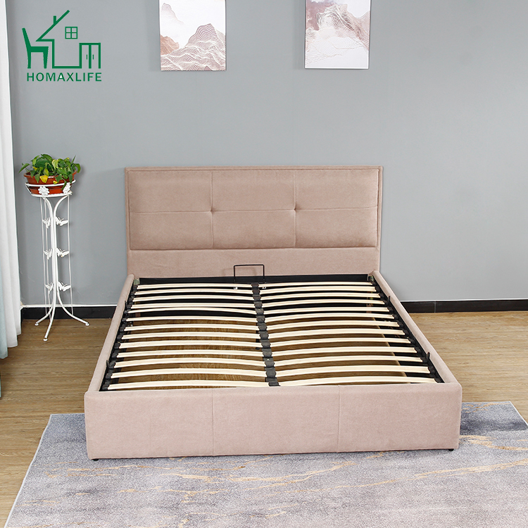 Latest design bedroom furniture wooden headboard line fabric double size storage bed frame