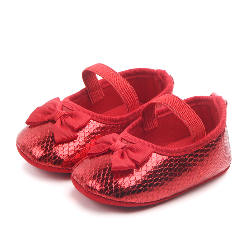 Spring Autumn Sequin Red Baby Girl Mary Jane Shoes Soft Sole Bow Princess Toddler Girl Flat Walking Shoes