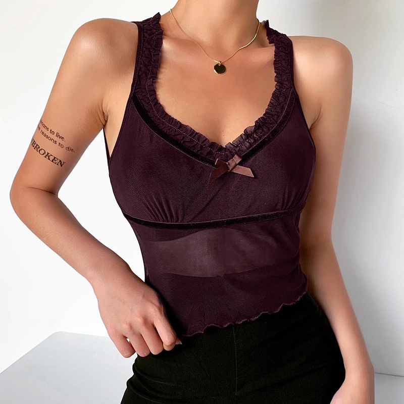 Sexy slim body base small camisole sexy frill net shows chest small sling Casual camisole fashion women vest