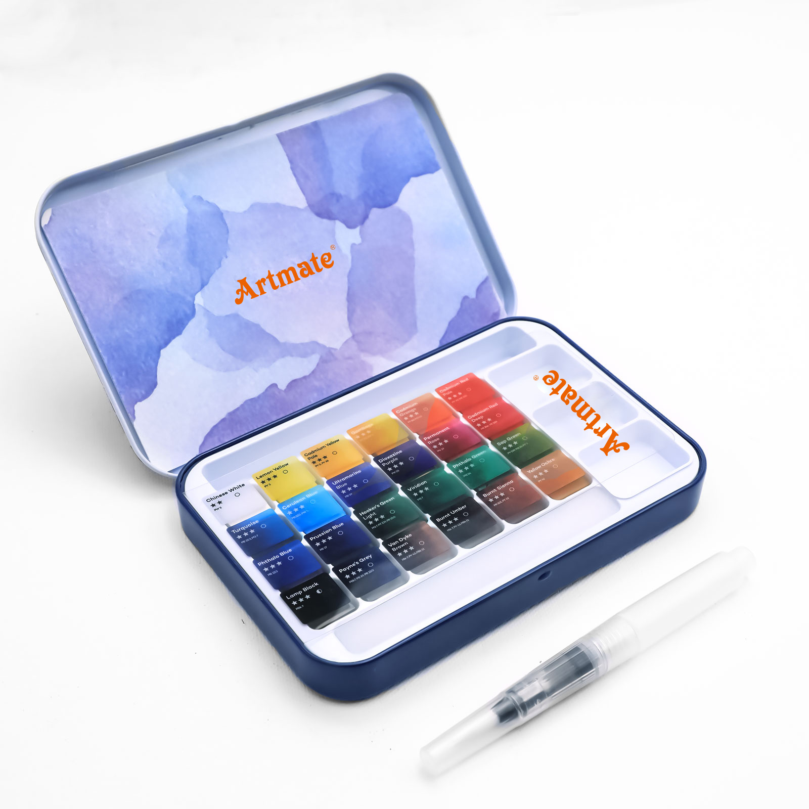 Набор акварельных тортов Artmate, 24 цвета, с кисточкой для воды и губкой, Акварельные картины, набор акварельных красок