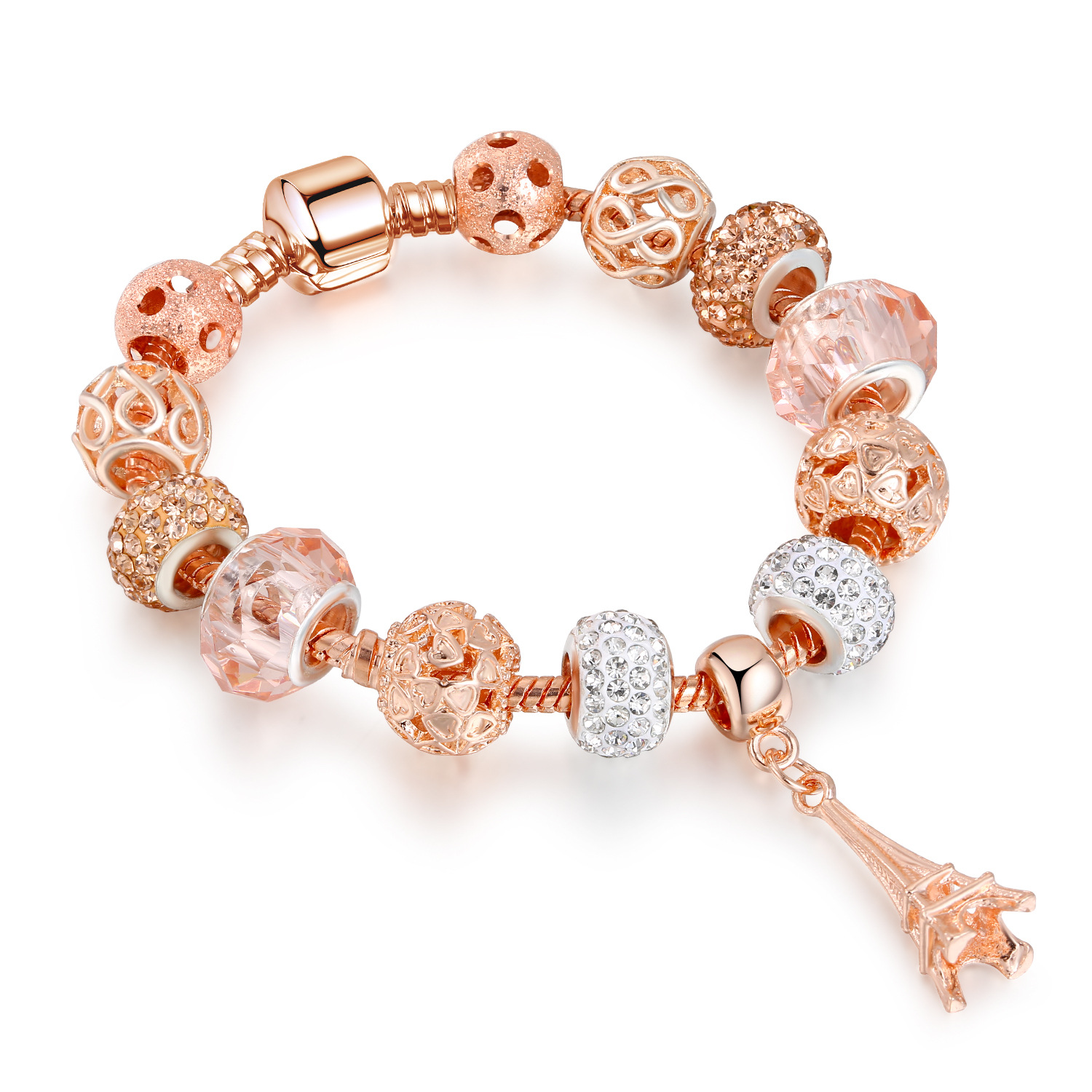 New Arrival Rose Gold Plated Inlaid Diamond Ball Beaded Bracelet Glass Crystal Beads Eiffel Tower Charm Bracelet
