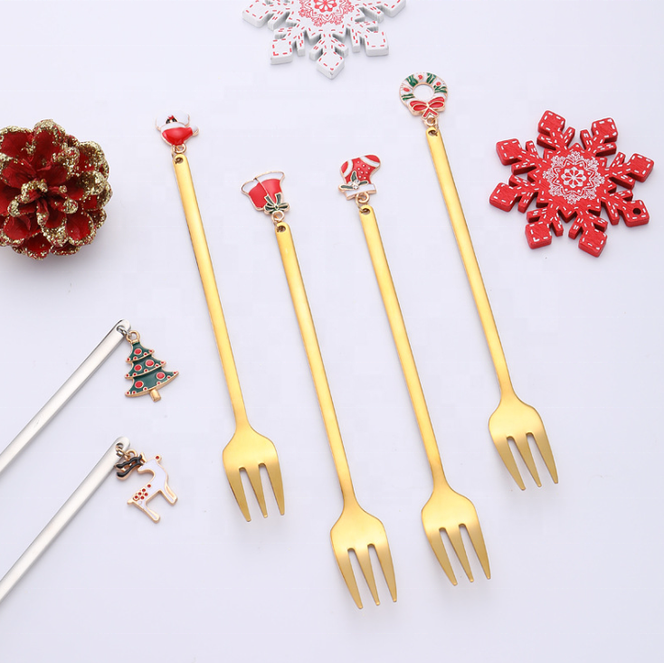 Stainless Steel Cake Dessert Tasting Appetizer Cutlery Fork Small Decorative Fruit Pick Fork Set For Christmas Wedding Party