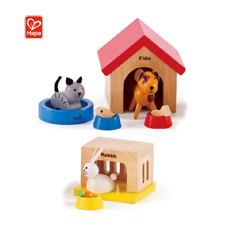 Interactive Children'S Animal Play Furniture Wooden Toy Pink Family Pets DIY Kids Miniature Doll House Set with Dog Cat