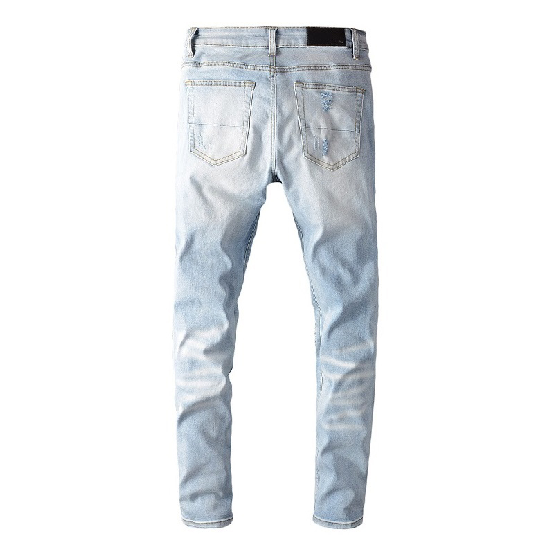 Hot sale men's light blue distressed ripped motorcycle jeans high street ripped stretch denim trousers