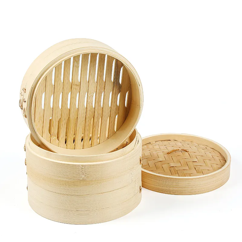 Logo customized Handmade Bamboo Steamer 6inch Natural Bamboo Dumpling Steamer 2 Tiers Basket with Lid