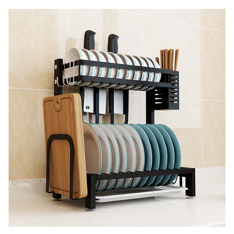 Kitchen rack household Bowl plate knife rack draining tableware storage box black stainless steel Modern Dish Drying Rack