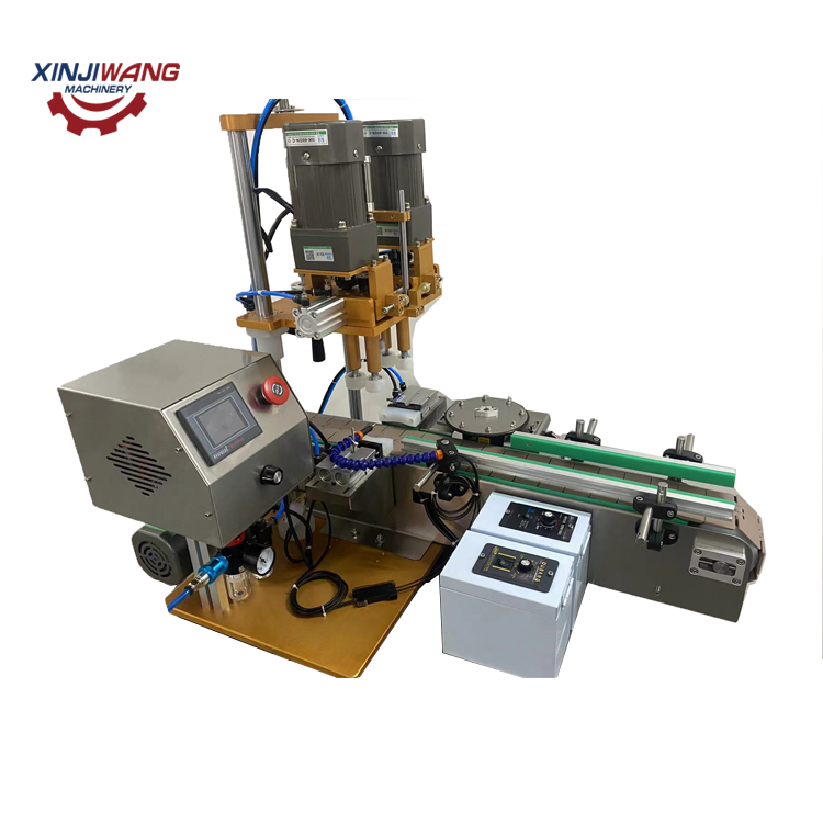 New Design 4 Wheels Glass Plastic Bottle Duckbill Pump Head Caps Screw Capping Machine with conveyer belt