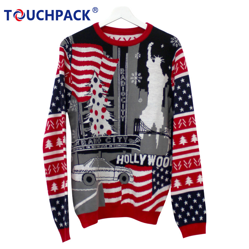 Custom Long Sleeve Jacquard Crew Neck Fashion Knitted Men Sweater