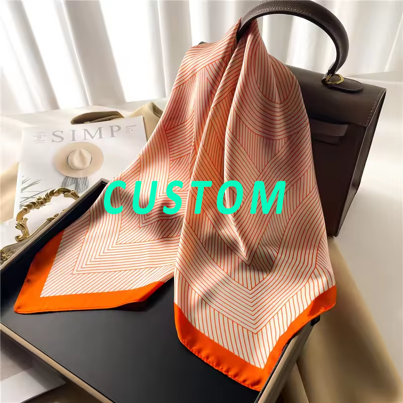 Low MOQ customized satin silk scarf 70cm custom logo square scarf Bandana stripped fashion custom color printed silk scarf