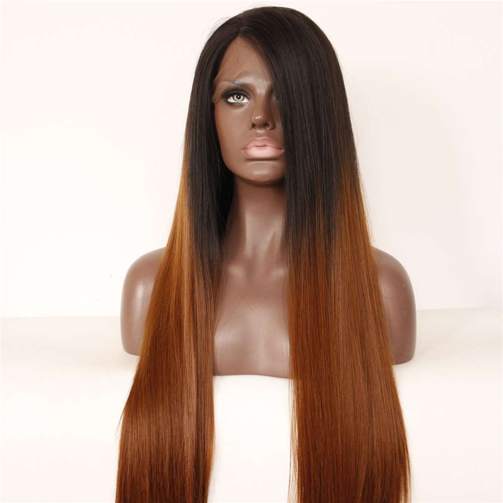 Long straight gradient human hair wig hand-woven wig head cover Front lace foreign trade chemical fiber wigs