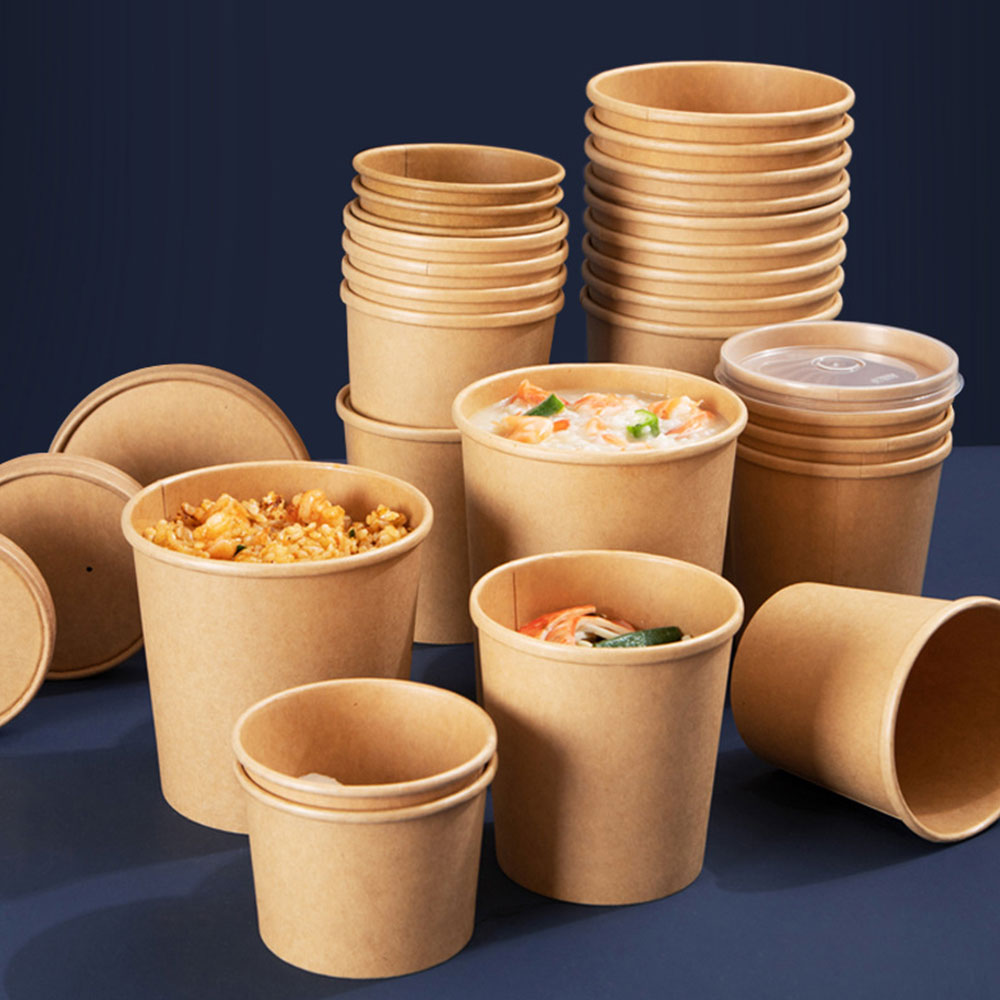 Customized Disposable Cup With Paper Lid Brown Kraft Paper Take Out Logo Takeaway Packaged Compostable Eco Food Contain