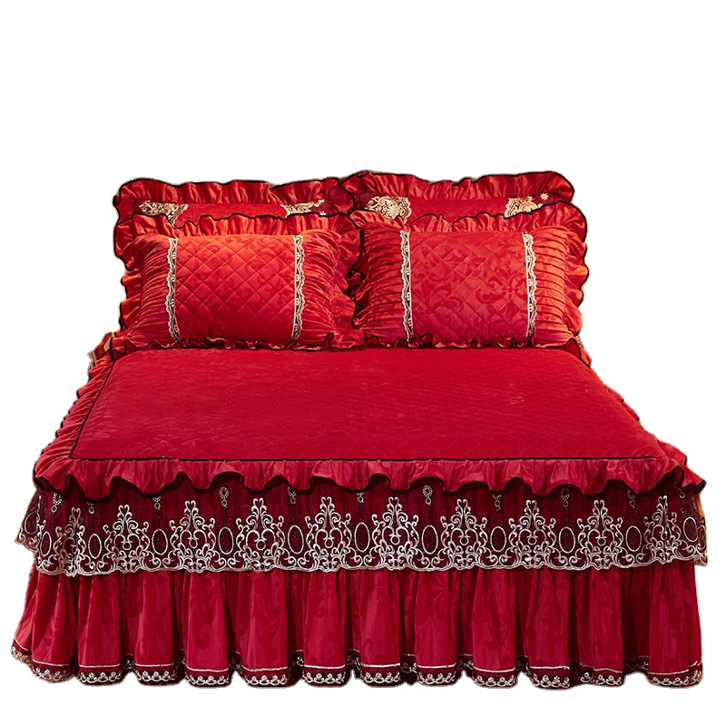 Solid Color Velvet Embossing Bedspread Thicken Plush Quilted Bed Skirt King Size Bed Protector Cover