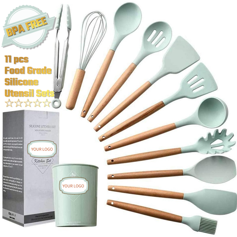 Suppliers Customized Organizer 11 Pieces Cooking Spatula rubber Wooden Handle Silicone Kitchen Utensils Accessories Tools