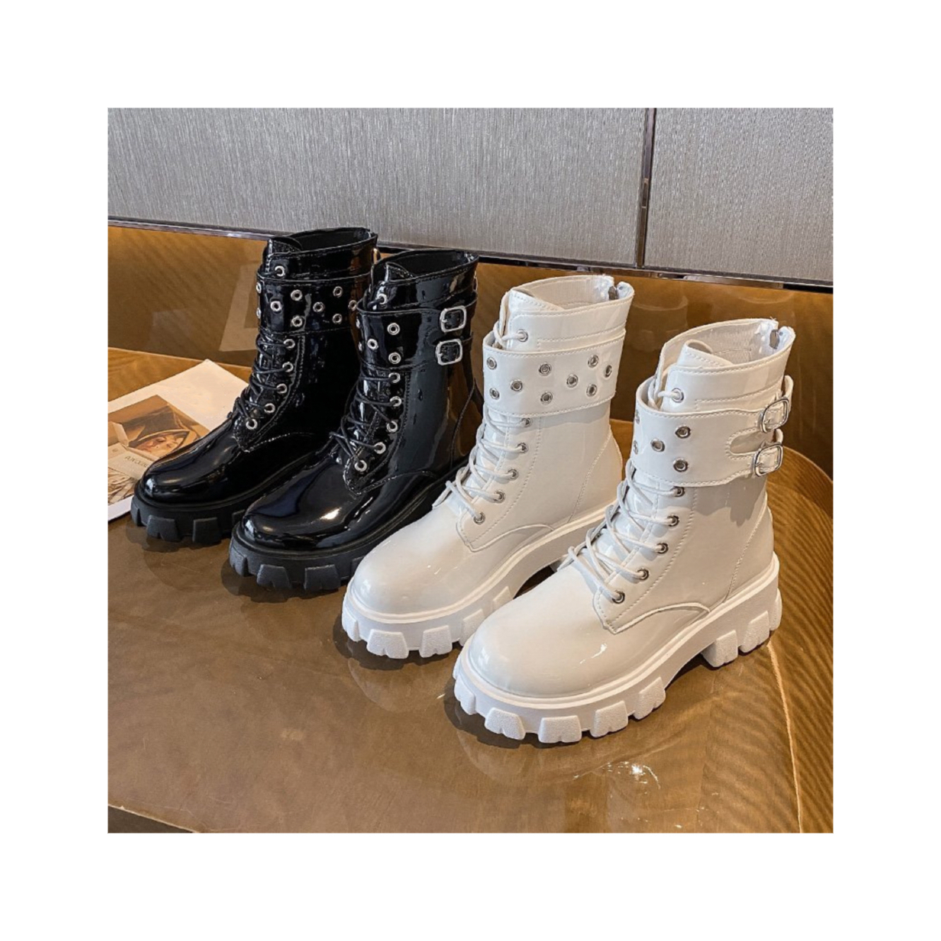 2024 Fashion Leisure PU Leather Lace Up Zip Up Roman Calf High Chunky Boots Womens Boots