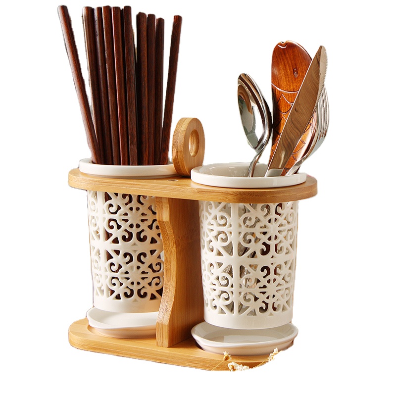 Factory Wholesale Ceramic Chopsticks Holder Tableware Holder Set With Wooden Handle