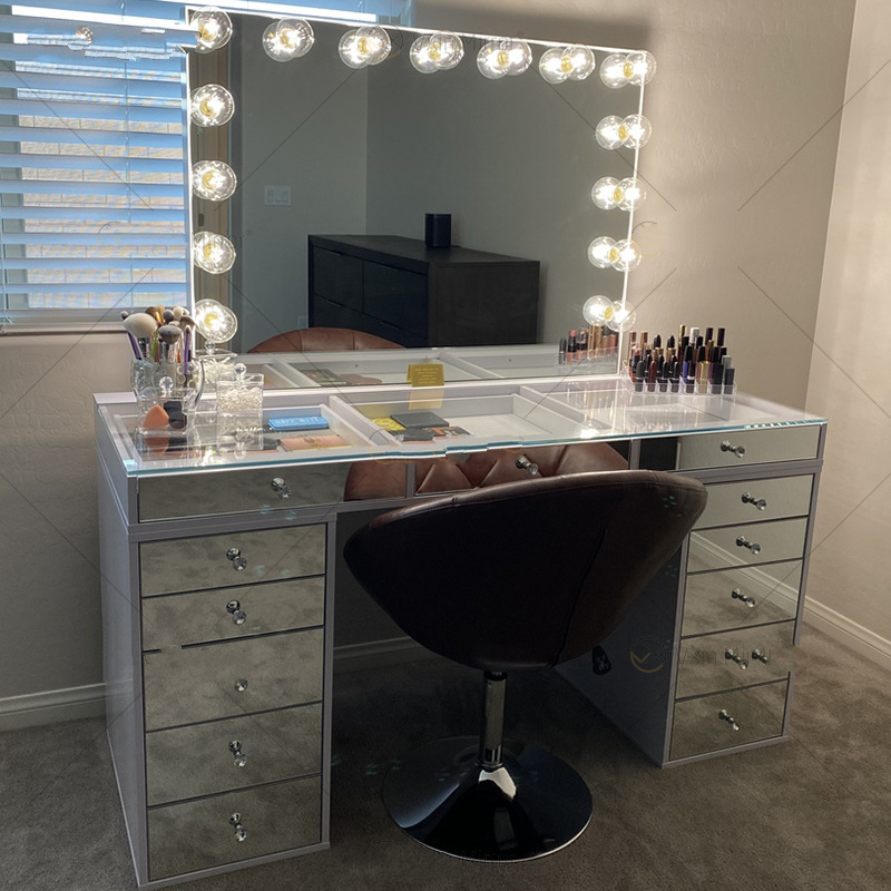 Latest arrival durable OEM household 13 drawers cheapest Makeup station vanity table with lighted mirror