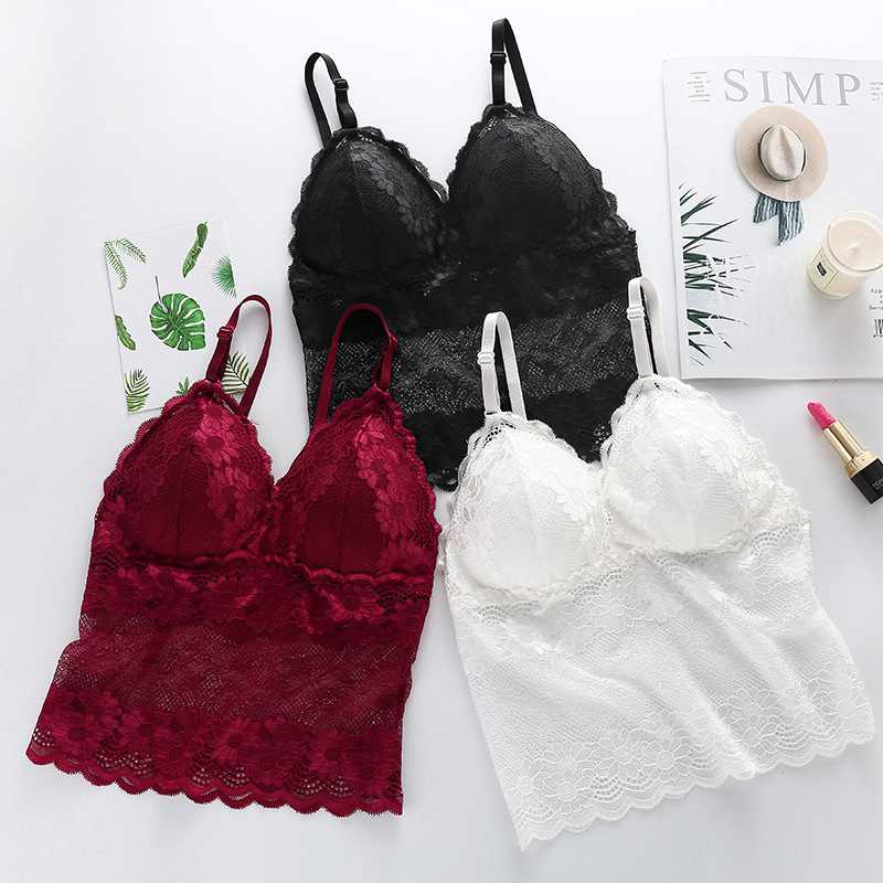 Women's Long Line Triangle Cup Wrap Chest Tube Bralette Removable Padded Beauty Back Hollow Out Lace Camisole Tank Top
