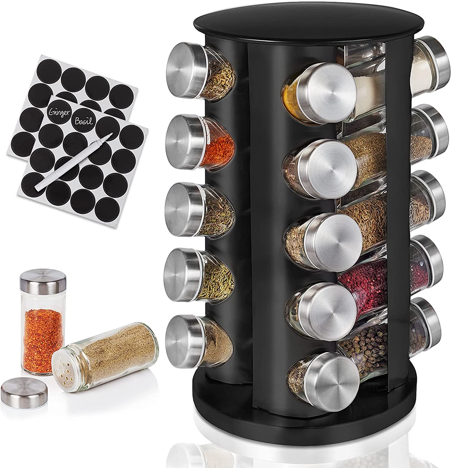 Hot Sale 20 Jars Rotating Standing Spice Rack Organizer with 32 Reusable Labels and 1 Mark Pen